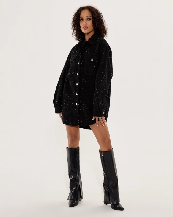 Black Oversized denim shirt with crystals – stylish and warm - M/L